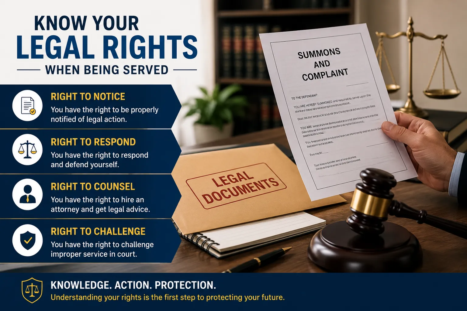 Infographic explaining the legal rights when being served, including the right to notice, respond, seek legal counsel, and challenge improper service