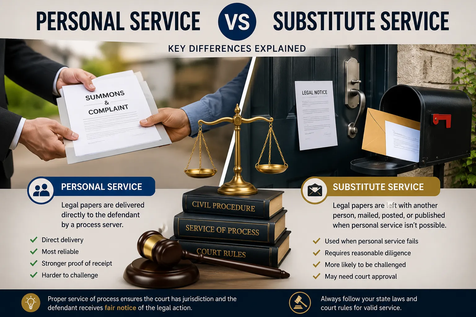 Comparison of personal service and substitute service methods for serving legal papers, highlighting key differences in service of process.