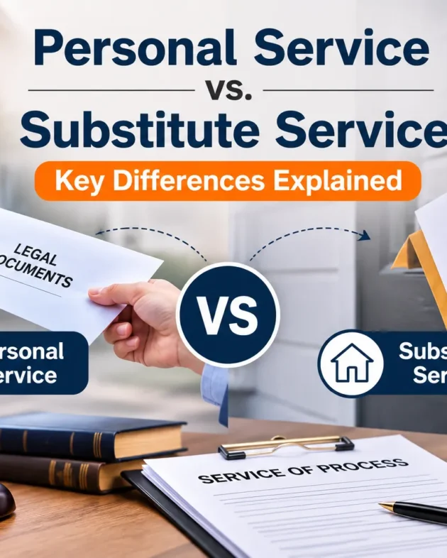 Personal service vs substitute service comparison showing direct delivery of legal documents and substitute methods used for service of process.