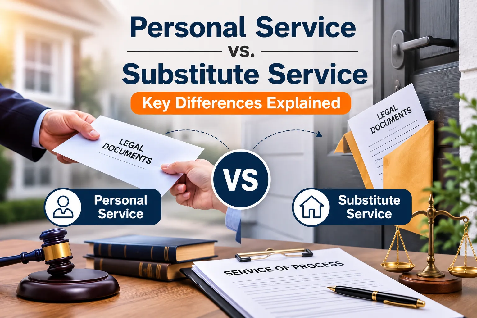 personal-service-vs-substitute-service-guide Personal service vs substitute service comparison showing direct delivery of legal documents and substitute methods used for service of process.