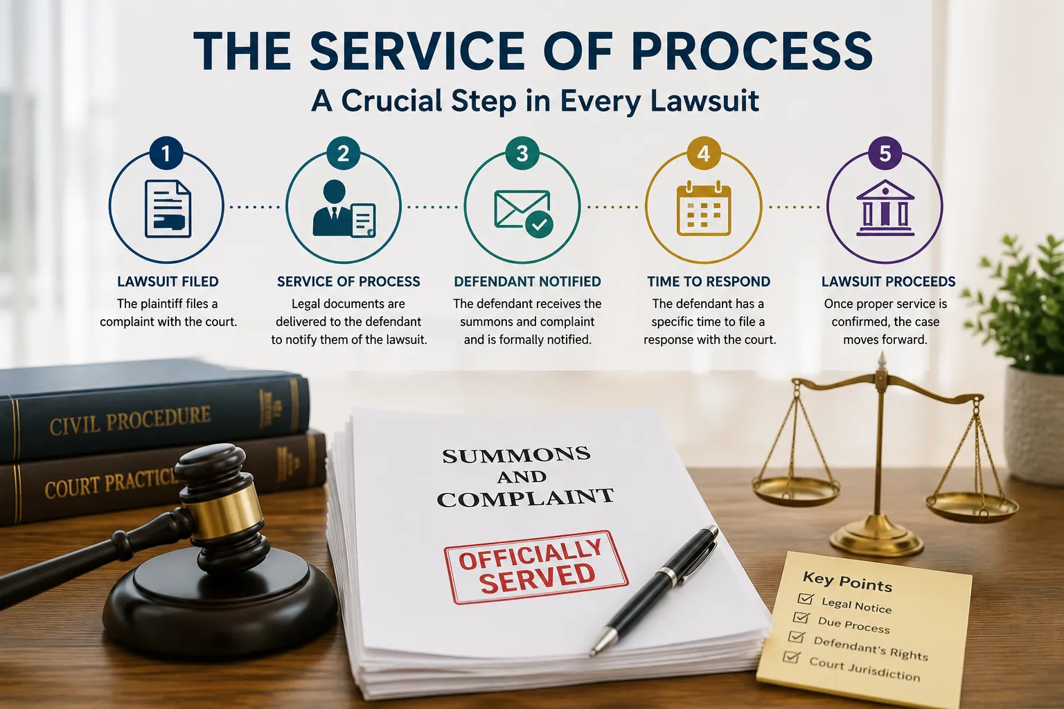 Infographic showing the service of process steps from filing a lawsuit to notifying the defendant and starting legal proceedings.