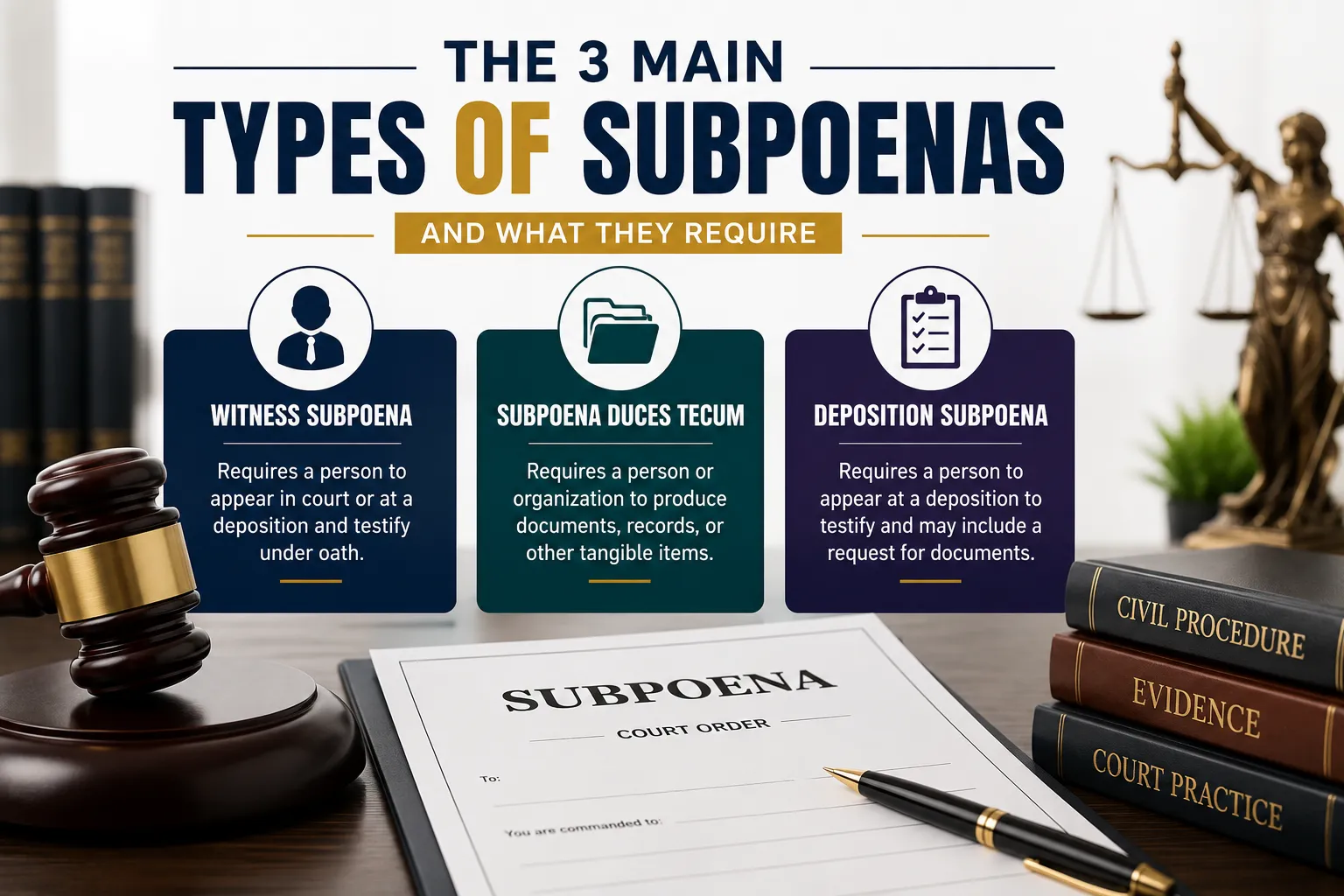 comparing the three main types of subpoenas: witness subpoena, subpoena duces tecum, and deposition subpoena.