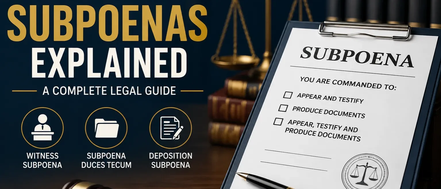 types-of-subpoenas-complete-legal-guide Types of subpoenas explained with witness subpoena, subpoena duces tecum, and deposition subpoena in a legal guide