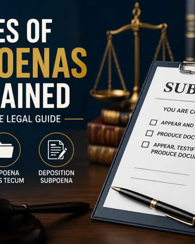 Types of subpoenas explained with witness subpoena, subpoena duces tecum, and deposition subpoena in a legal guide