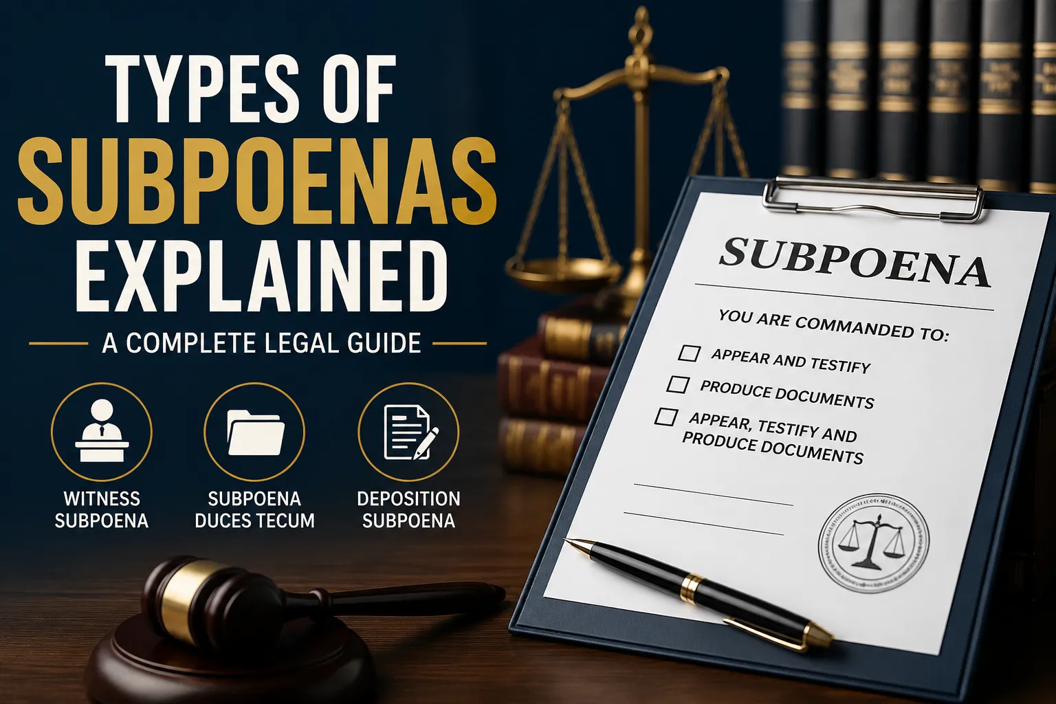 types-of-subpoenas-complete-legal-guide Types of subpoenas explained with witness subpoena, subpoena duces tecum, and deposition subpoena in a legal guide