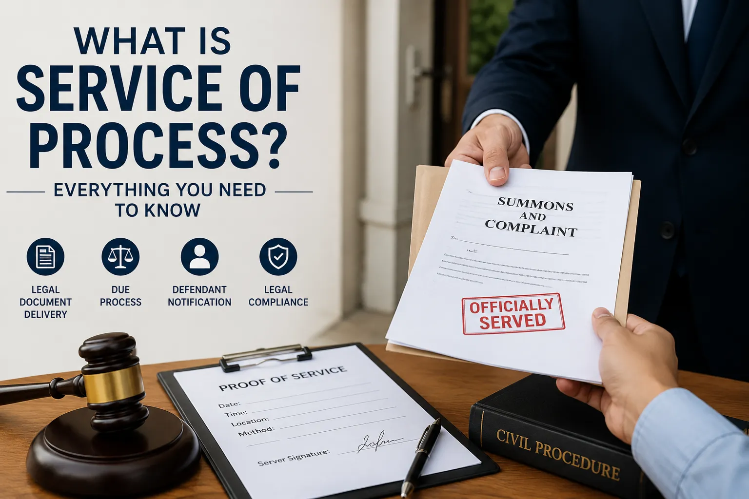 Professional process server delivering legal documents to explain what service of process is in a civil lawsuit.