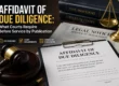 Affidavit of due diligence for service by publication with legal documents, gavel, and court records illustrating court requirements before publication