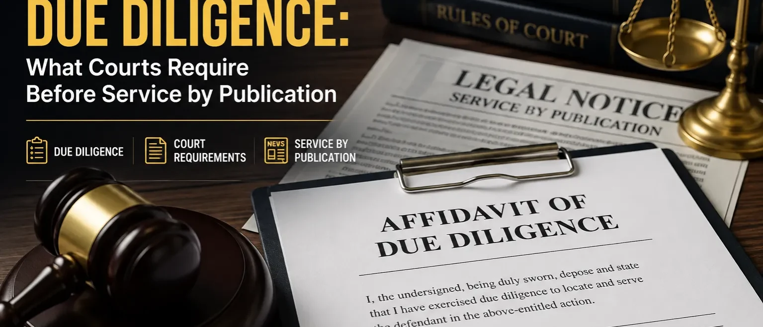affidavit-of-due-diligence-service-by-publication Affidavit of due diligence for service by publication with legal documents, gavel, and court records illustrating court requirements before publication