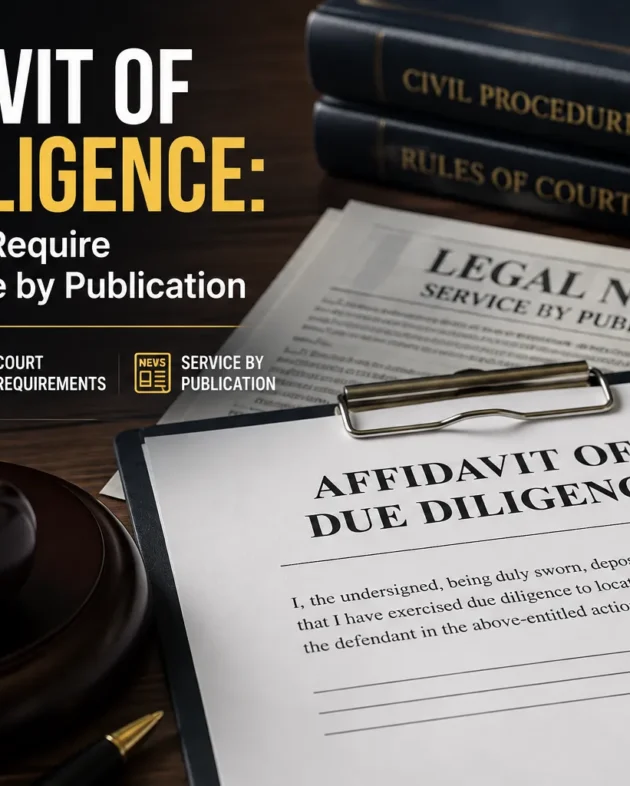 Affidavit of due diligence for service by publication with legal documents, gavel, and court records illustrating court requirements before publication