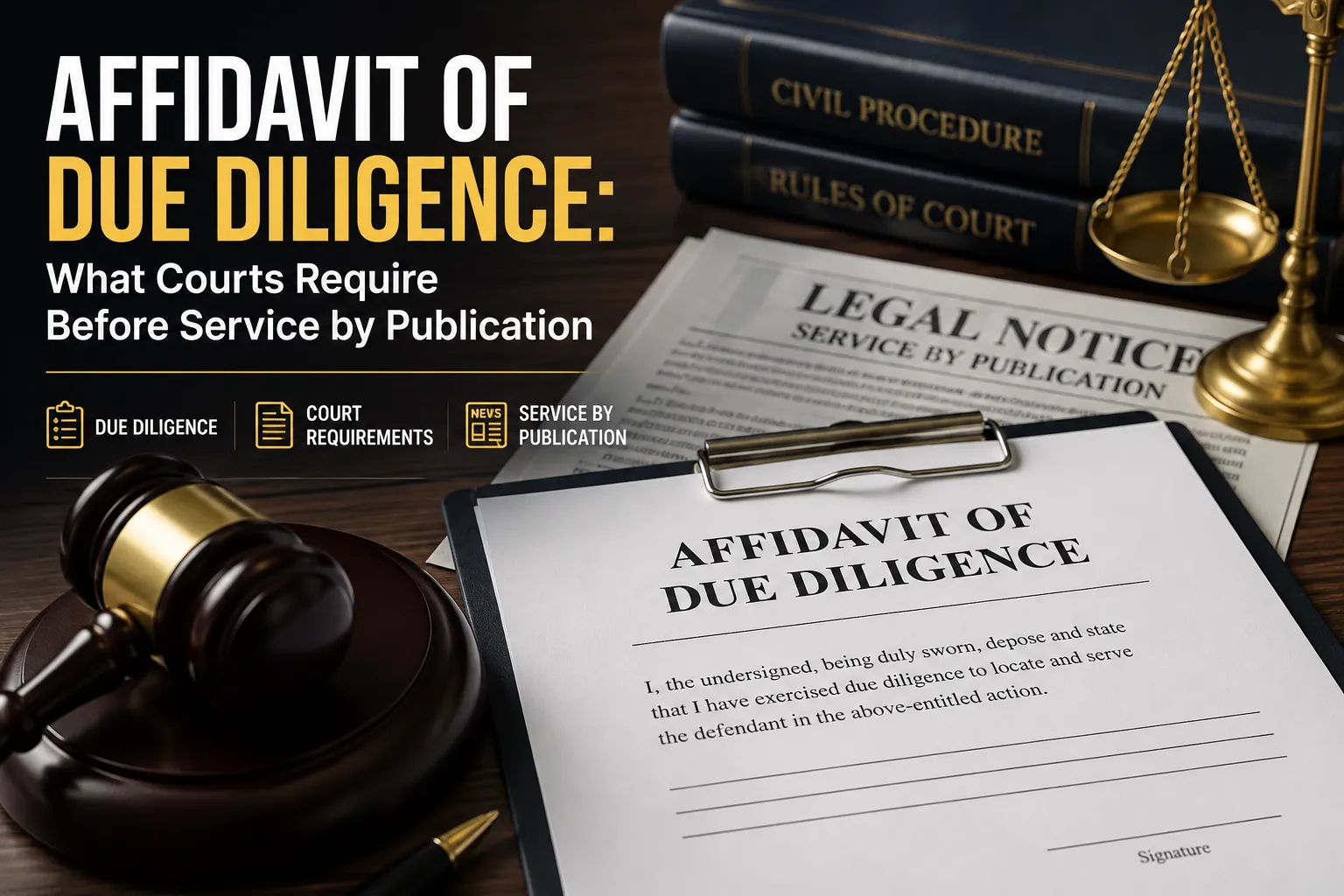 Affidavit of due diligence for service by publication with legal documents, gavel, and court records illustrating court requirements before publication