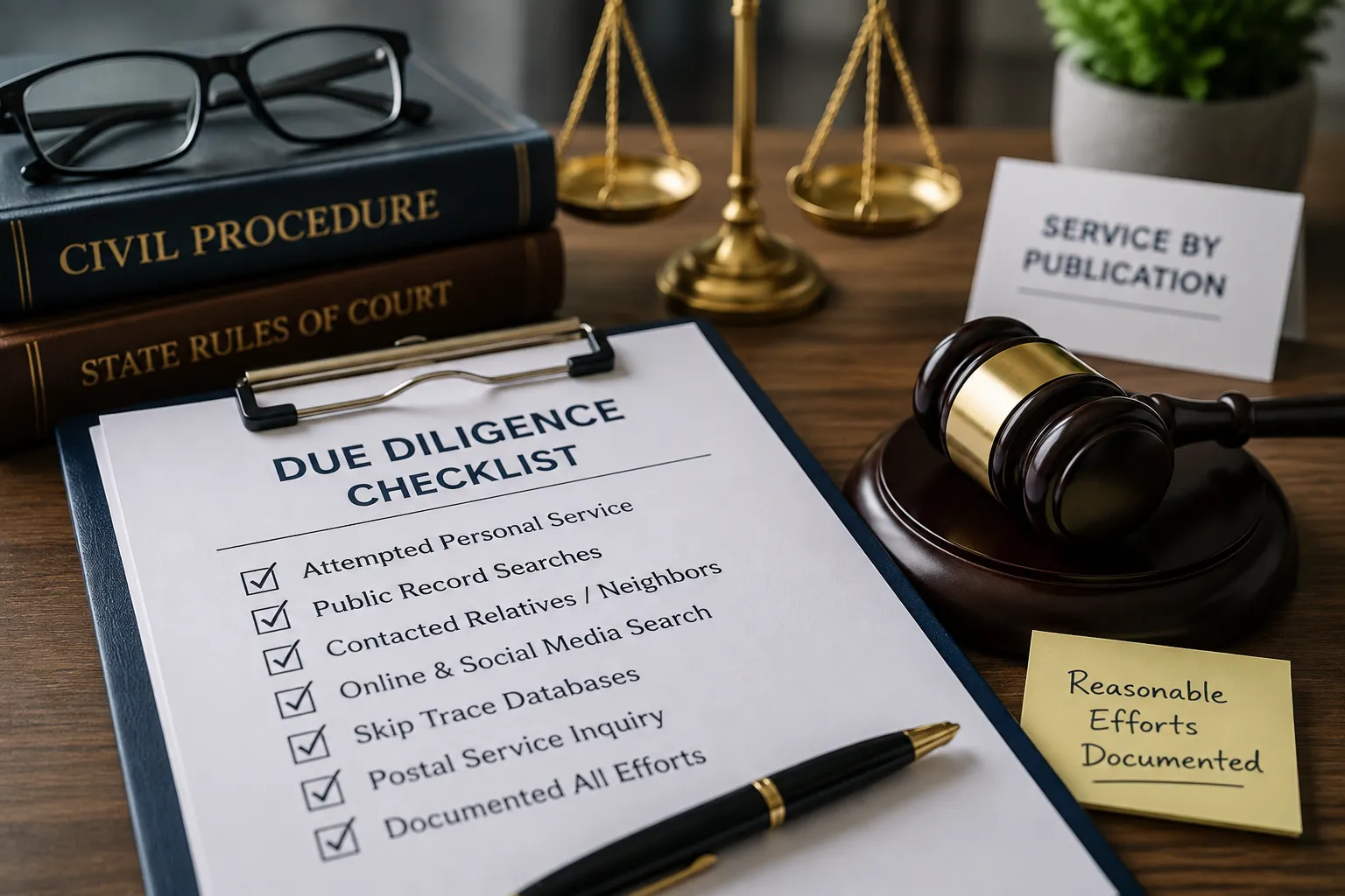 Due diligence checklist showing reasonable efforts to locate a defendant before requesting service by publication in civil court proceedings.