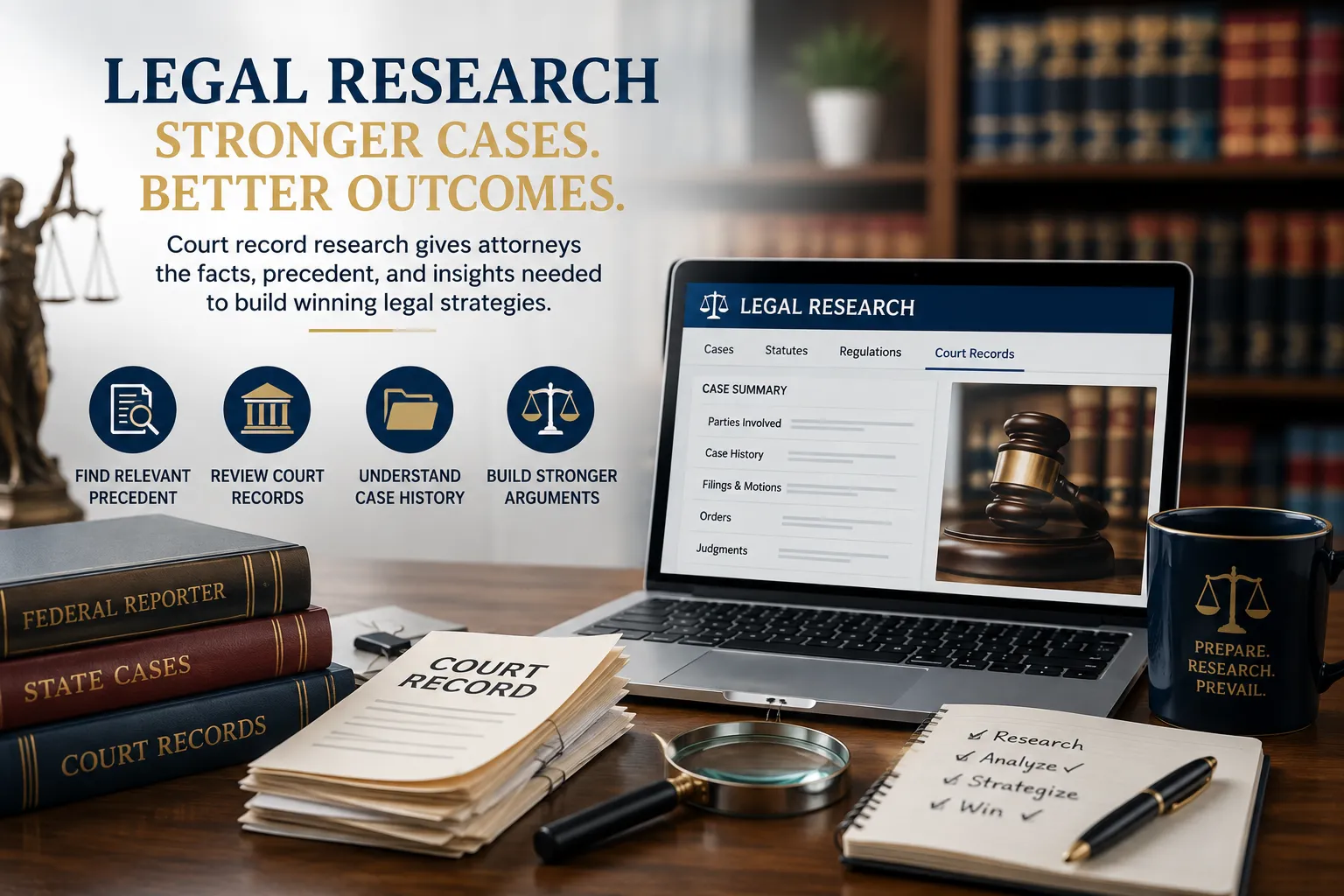Legal case research using court records, case history, filings, and legal documents