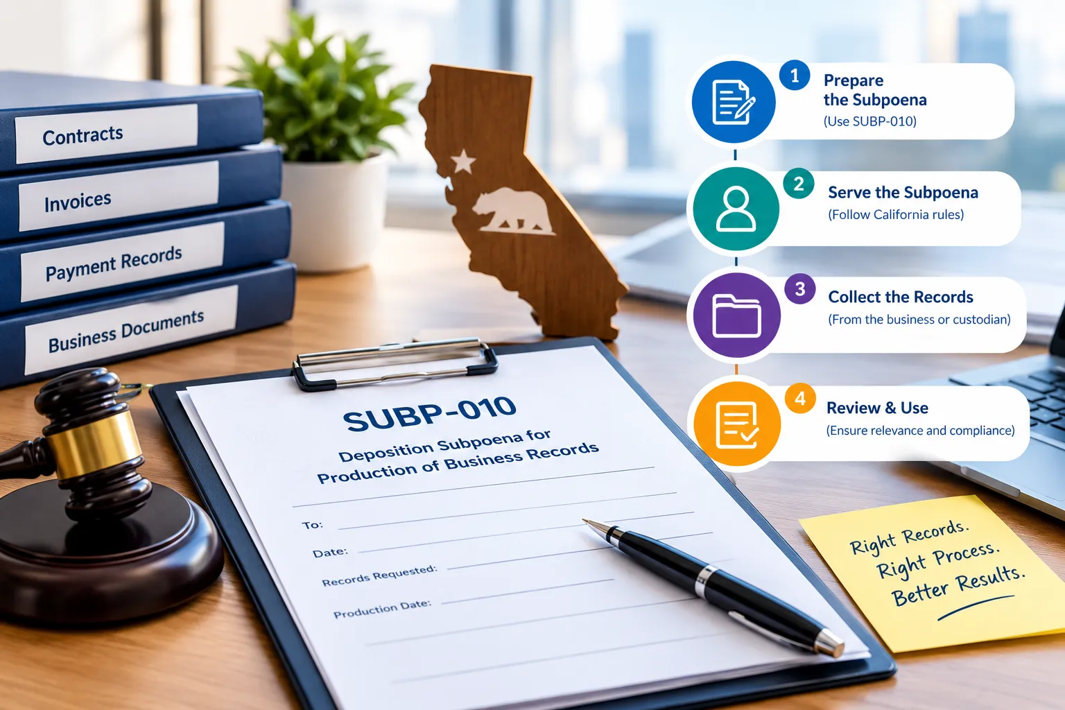 California business records subpoena process showing SUBP-010, document preparation, service, and record collection