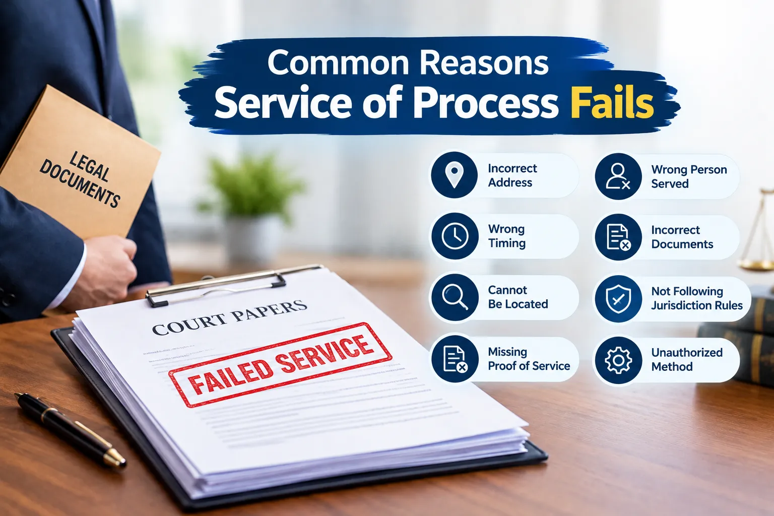 Common reasons service of process fails, including wrong address, wrong person, timing, and missing proof