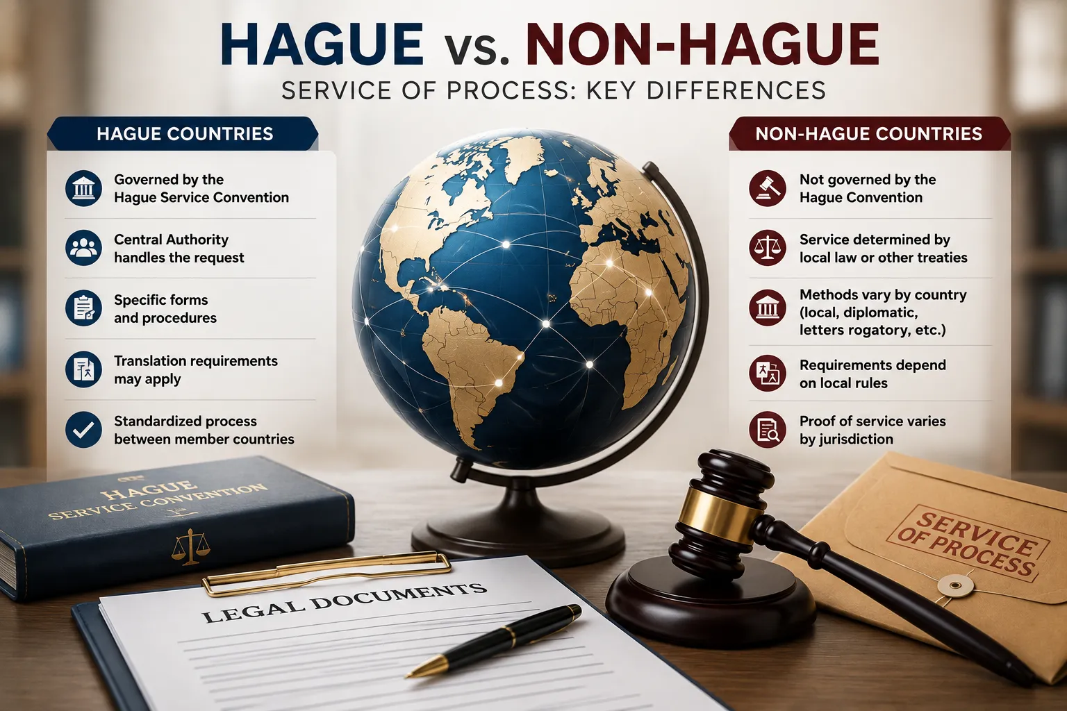 Comparison of Hague and non-Hague service requirements for serving legal documents abroad