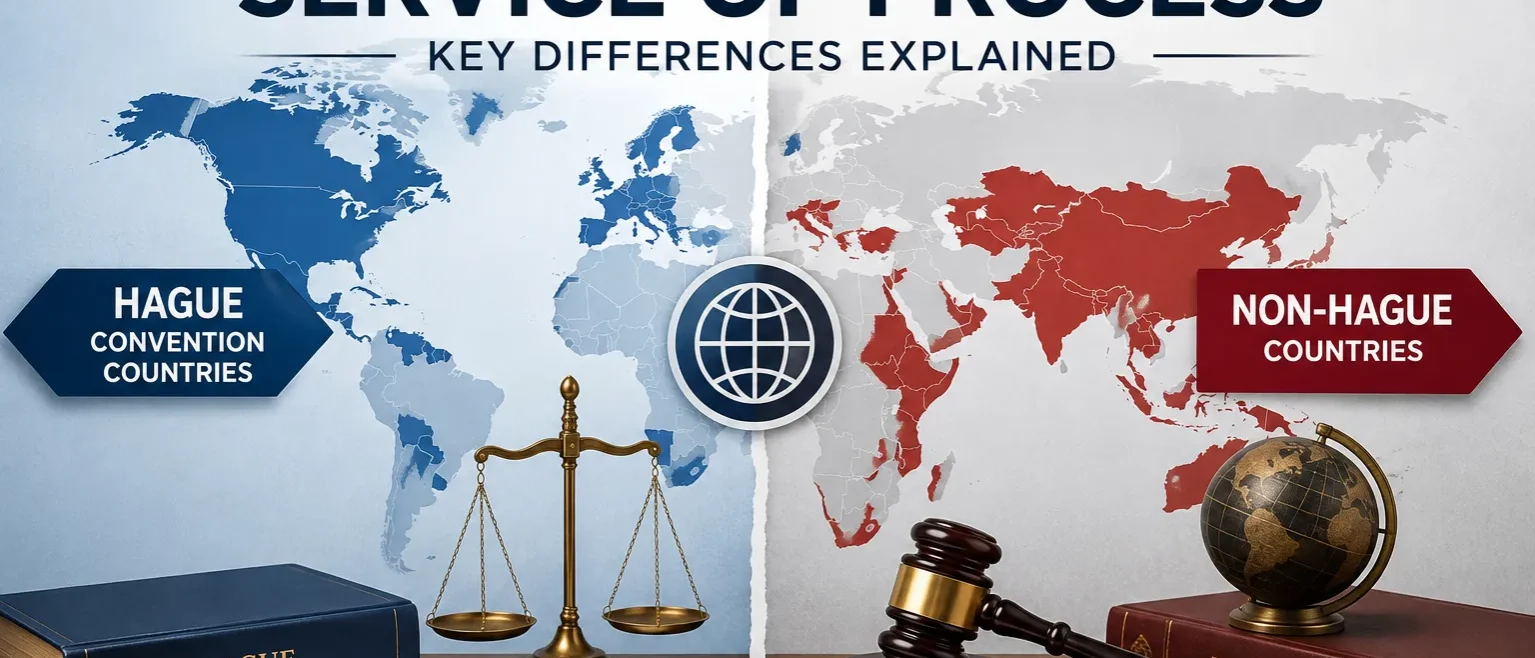 Hague vs. non-Hague service of process comparison showing international legal document service