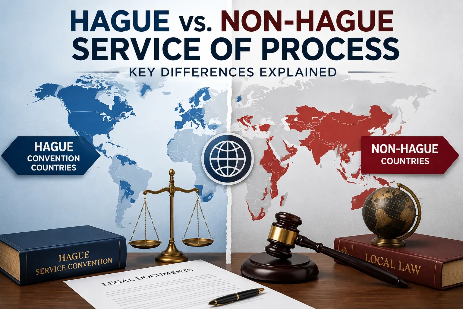 Hague vs. non-Hague service of process comparison showing international legal document service