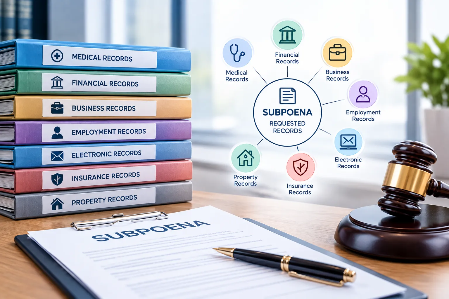 Subpoena requested records including medical, financial, business, employment, electronic, insurance, and property records