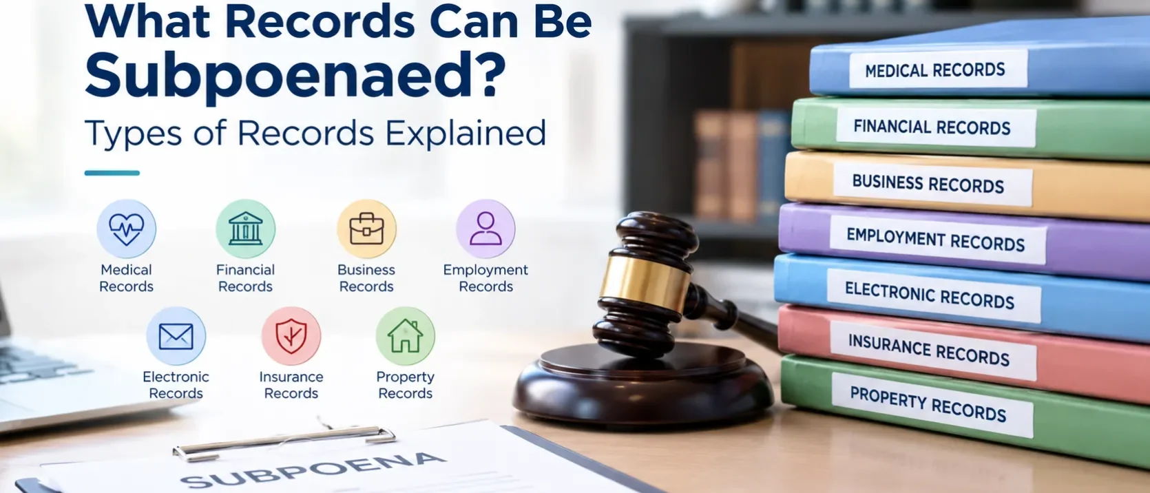 What records can be subpoenaed, including medical, financial, business, employment, electronic, insurance, and property records