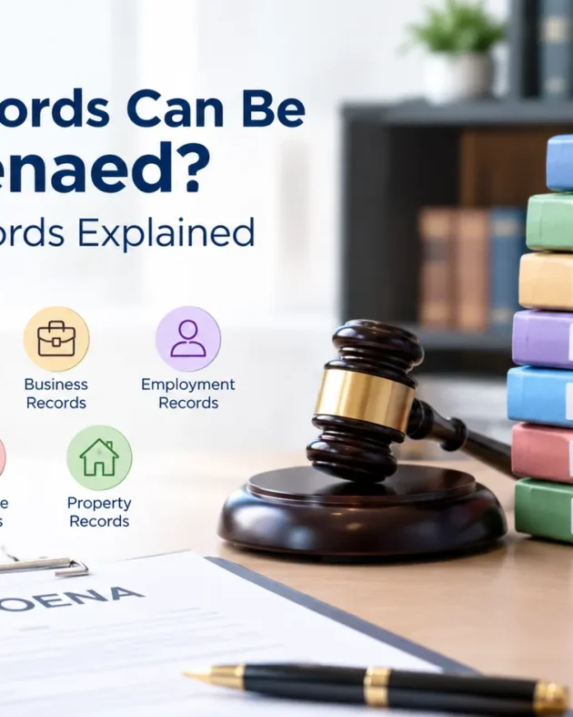 What records can be subpoenaed, including medical, financial, business, employment, electronic, insurance, and property records