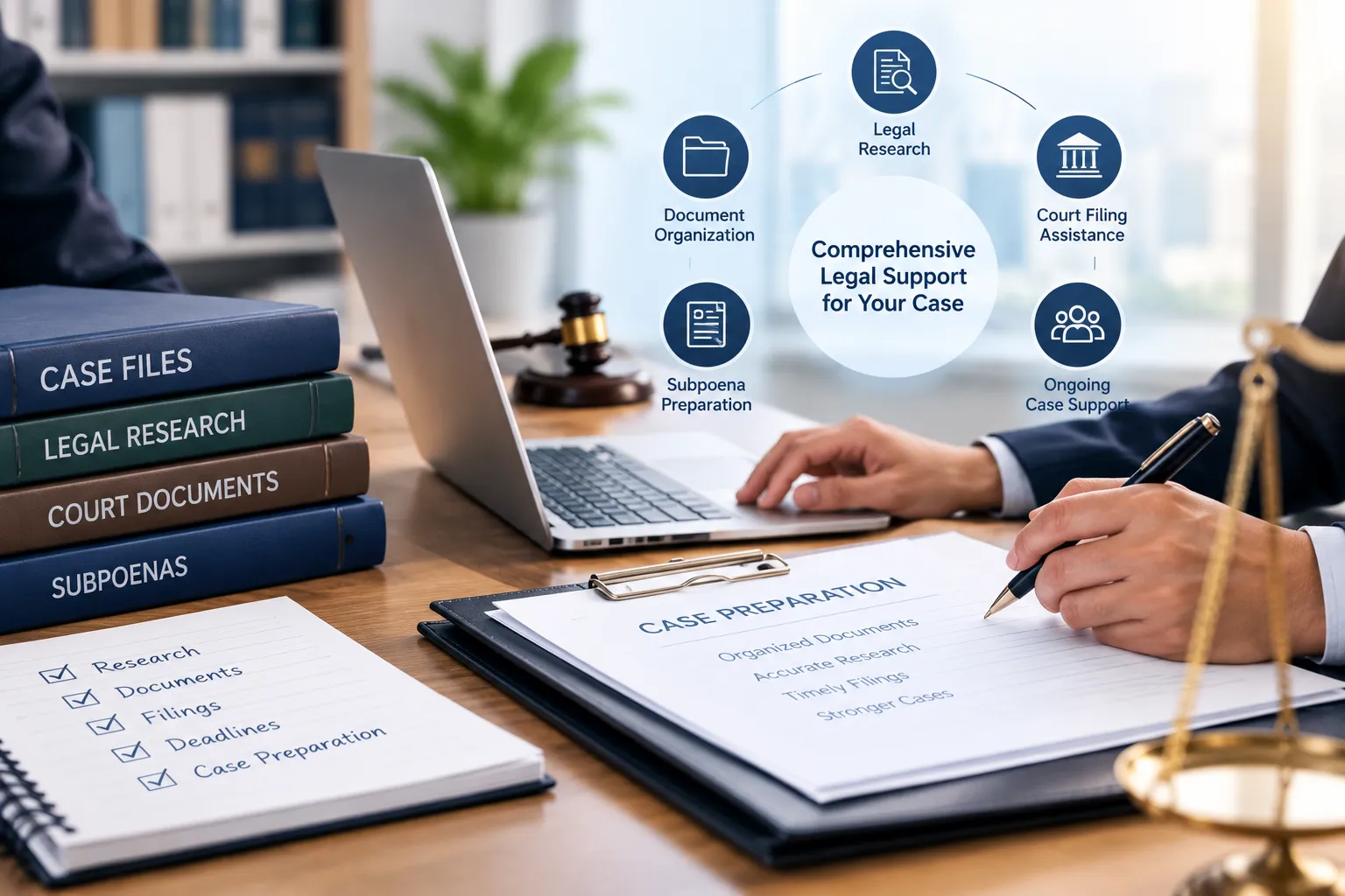 Legal research, document organization, and court filing support