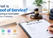 Proof of service form on a legal office desk with a pen, gavel, and scales of justice