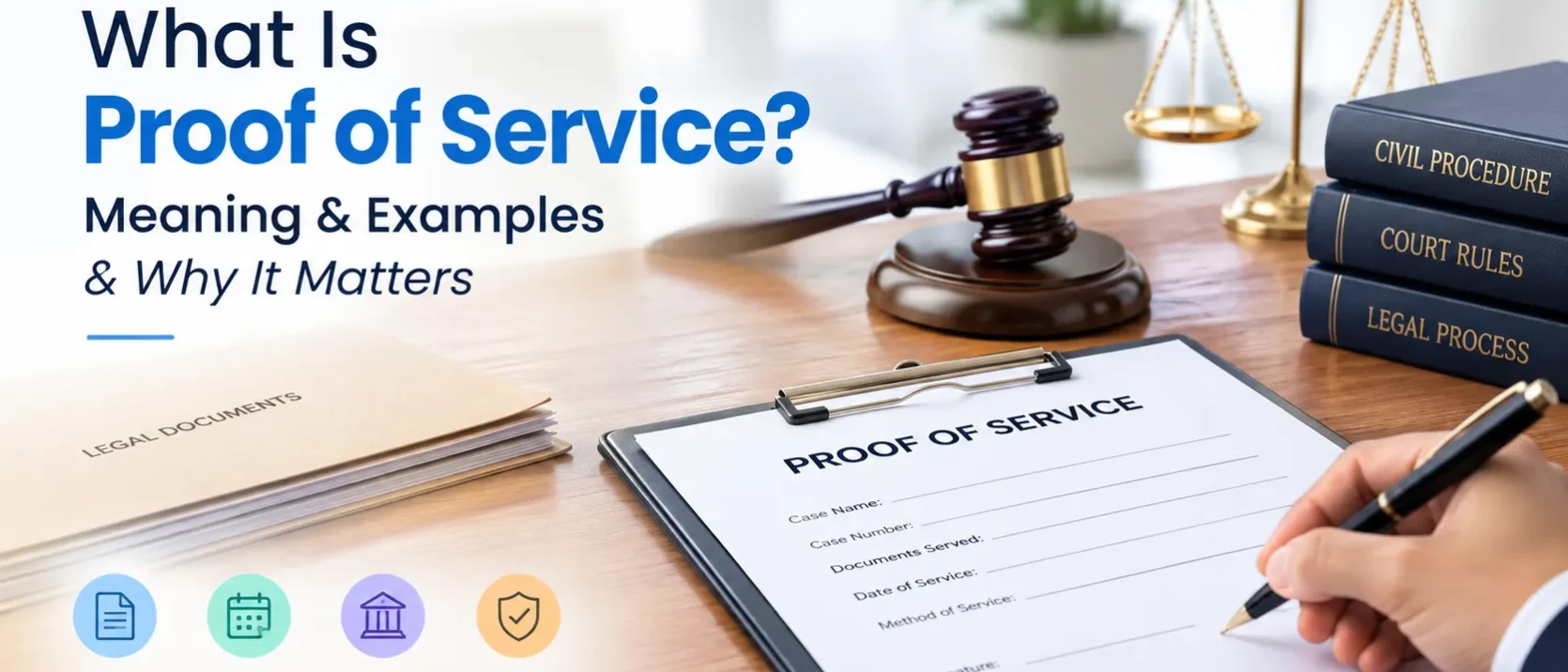 Proof of service form on a legal office desk with a pen, gavel, and scales of justice