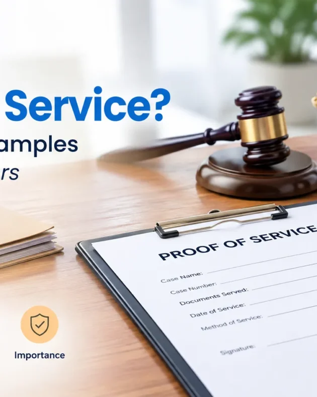 Proof of service form on a legal office desk with a pen, gavel, and scales of justice