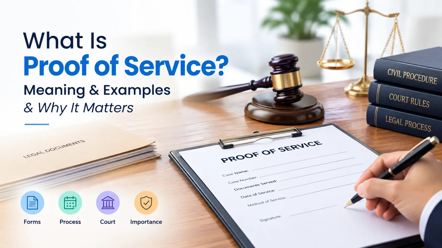 proof-of-service-meaning-examples Proof of service form on a legal office desk with a pen, gavel, and scales of justice